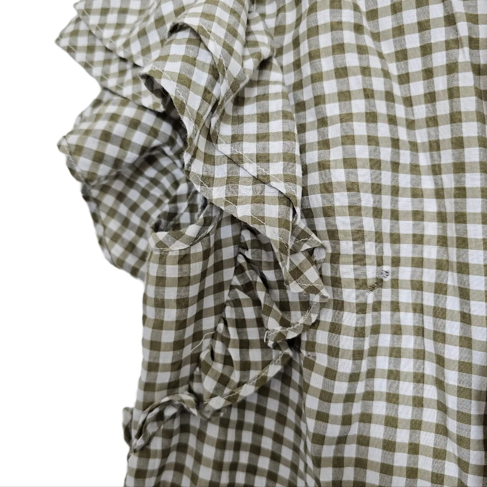 Veronica Beard Gingham Green and White Ruffle Button Shirt XS